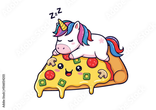 Cartoon Unicorn Sleeping on Pizza Slice with Colorful Mane and Horn.