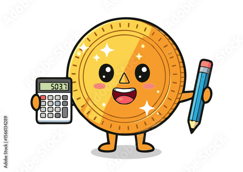 Cartoon Gold Coin Character Holding Calculator and Pencil Smiling Happily.