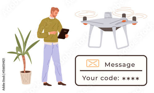 Man holding tablet near plant monitors drone flying nearby. Verification code message highlights security and technology. Ideal for innovation, logistics, security, communication, remote work
