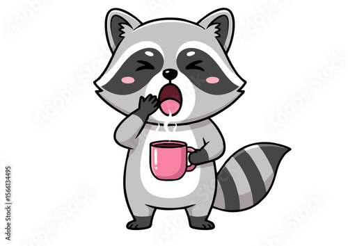 Cartoon Raccoon Yawning While Holding Pink Coffee Mug Sleepy Expression.