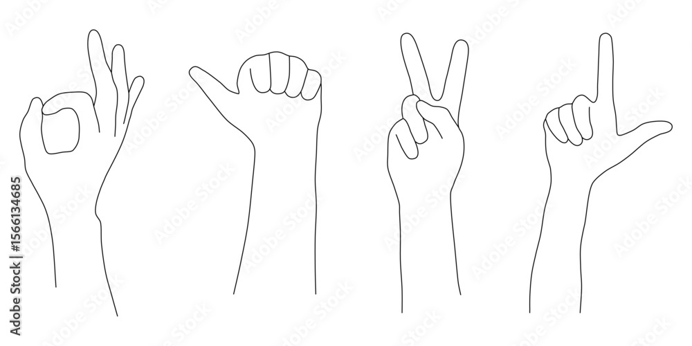 Fototapeta premium Set of Hand Gestures Line Art Collection. A comprehensive set of minimalist line art illustrations featuring various common hand gestures. Each gesture is rendered with a clean black outline.