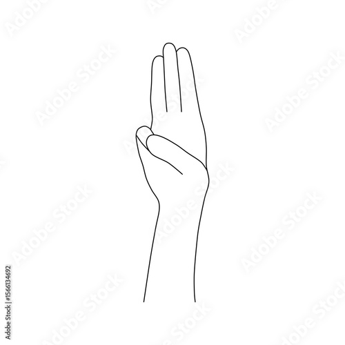 Hand Showing Three Fingers Line Art. A clean and minimalist line art illustration of a hand showing the number three, with the index, middle, and ring fingers extended.