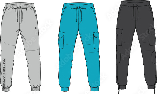Men's cargo jogger pants flat sketch, front view technical drawing with drawstring waist, side pockets, ankle cuffs, vector template flat vector illustration