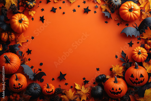 A Festive Halloween Flat Lay with Pumpkins and Bats