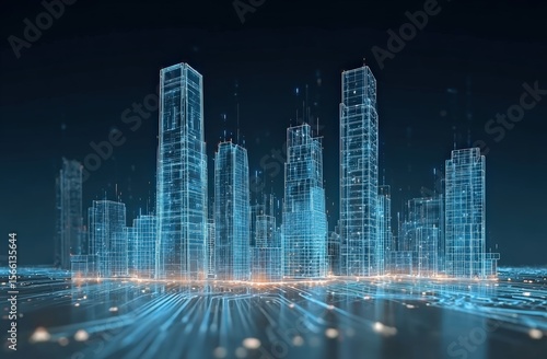 A digital cityscape rendered with glowing blue lines showcasing futuristic skyscrapers and urban infrastructure on a dark background.