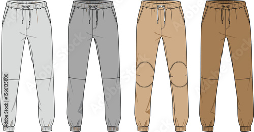Men's jogger pants front view flat sketch, vector template with drawstring waistband, cuffed hem, panel and patch knee detail flat vector illustration