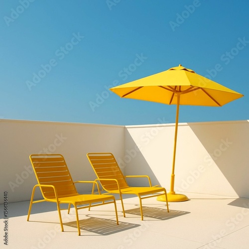 photo of a white rooftop terrace with bold yellow lounge chairs; a single yellow umbrella tilted against bright blue sky with delicate sun shadows