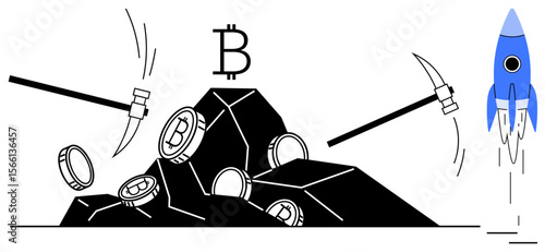 Mining tools extracting digital coins from rocks, Bitcoin symbol floating above, blue rocket soaring. Ideal for blockchain, mining, cryptocurrency, innovation, technology progress wealth. Simple