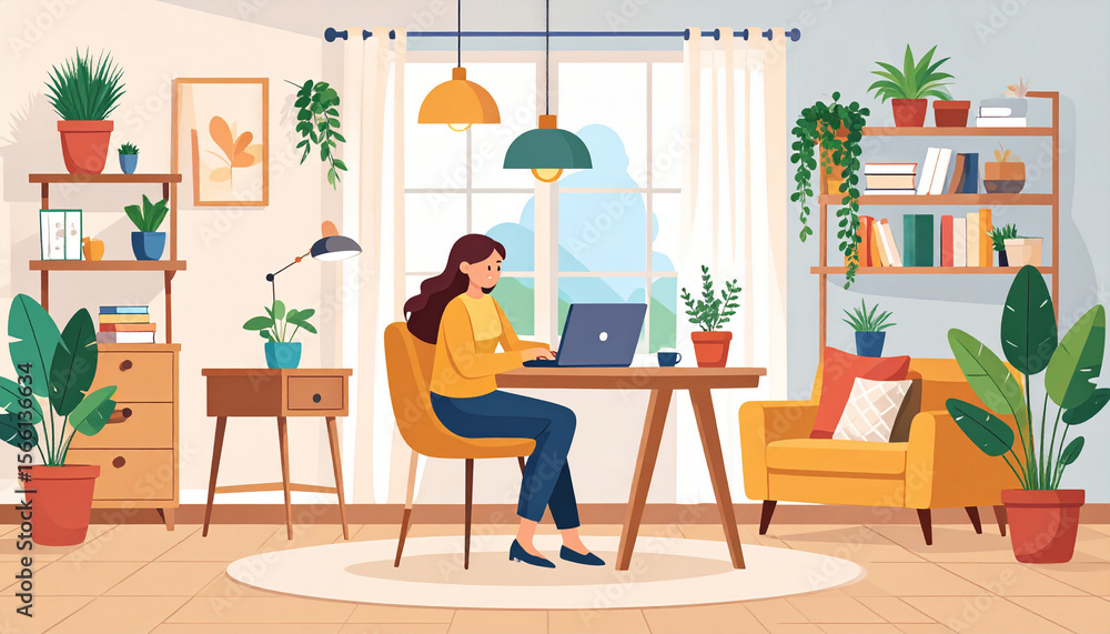 the scene depicts an individual sitting at a table and using a portable computer inside a room that is decorated with lots of greenery the scene depicts an individual sitting at a table and using a portable computer inside a room that is decorated with lots of greenery