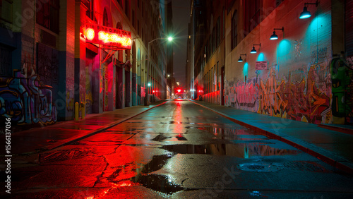 Moody urban alleyway at night, graffiti, red and blue neon lights, wet asphalt.