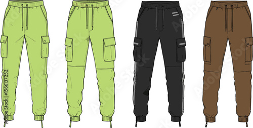 Modern cargo jogger pants front view illustration, stylish streetwear fashion design, casual men's wear, multiple color options, drawstring waist flat vector illustration