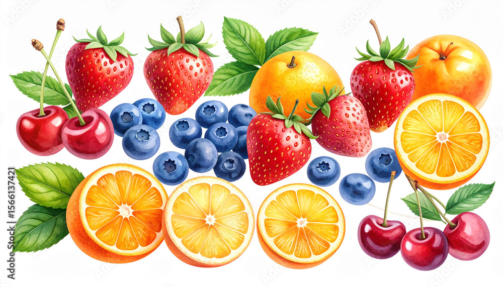 the image showcases a collection of fresh fruits arranged on a white backdrop. vibrant red berries with tiny seeds and green leafy tops are scattered amongst small, round blueberries the image showcases a collection of fresh fruits arranged on a white backdrop. vibrant red berries with tiny seeds and green leafy tops are scattered amongst small, round blueberries