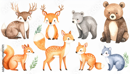 the image is a watercolor style illustration featuring a collection of woodland animals. the animals include deer with antlers, various types of bears, a squirrel, and different types of foxes