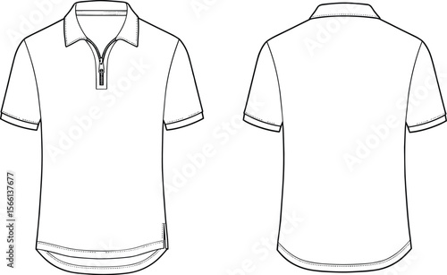 Basic short sleeve zipper polo shirt technical flat sketch front and back view fashion cad drawing vector illustration template design mockup