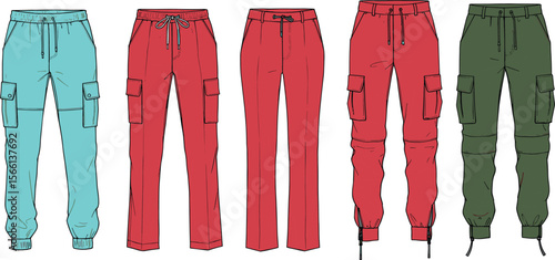 Set of colorful jogger and cargo pants, drawstring and pocket designs, flat fashion sketch, technical vector apparel illustration  flat vector illustration