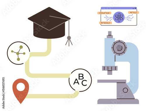 Graduation cap connected to a pathway featuring ABC blocks, molecular structure, science graphic, and microscope. Ideal for education, science research, STEM learning, academic progress, career