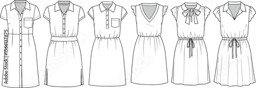 Modern women dress collection flat sketch, detailed technical fashion cad drawing vector illustration with various collar sleeve design for apparel template mockup