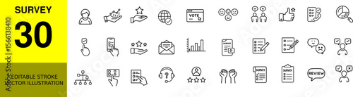 Editable Stroke Survey and Feedback Icons Set – Vector Line Style for Questionnaire, Rating, and Poll UI Design