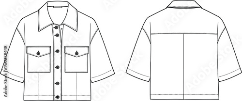 Short sleeve button down shirt with front pockets flat technical cad drawing vector illustration for modern fashion apparel design template and branding mockup