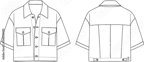 Modern short sleeve collared button up shirt with double pockets back panel details flat technical cad drawing vector illustration for fashion apparel design
