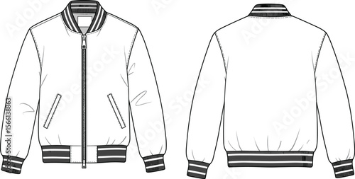Trendy varsity bomber jacket front and back technical flat cad drawing vector illustration for modern fashion apparel design template and branding mockup