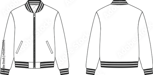 Modern varsity bomber jacket front back view technical flat cad sketch vector illustration for stylish apparel fashion design template mockup