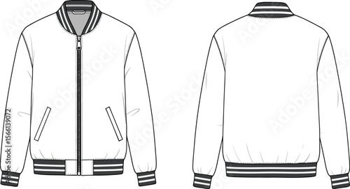 Classic varsity bomber jacket technical fashion CAD drawing flat vector illustration front and back view, isolated mockup template for apparel design