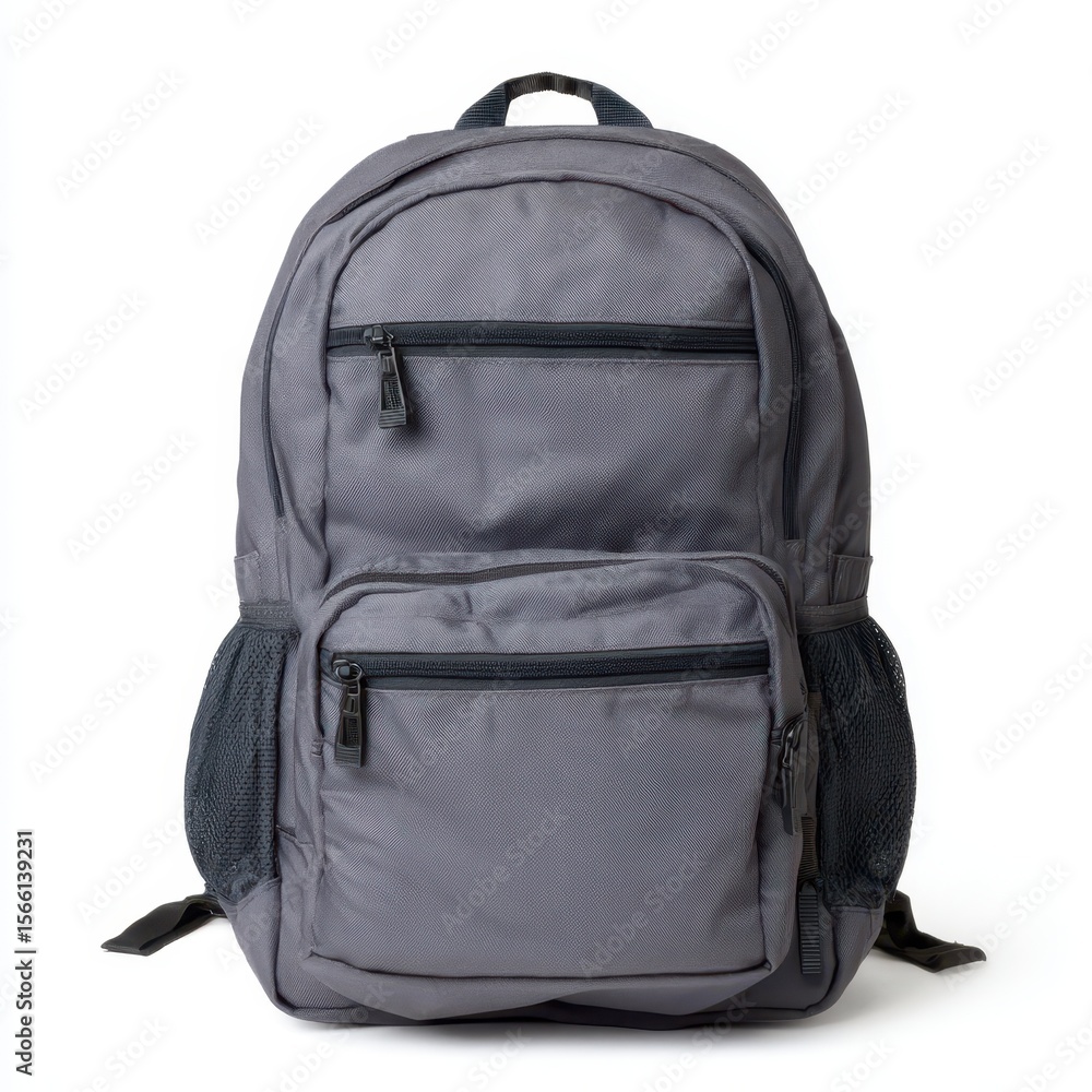 Fototapeta premium Modern grey backpack with multiple zippers and mesh pockets isolated on white background