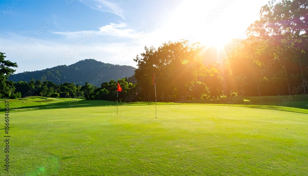 Fototapeta premium Golf course with green with flags, and mountain view.
