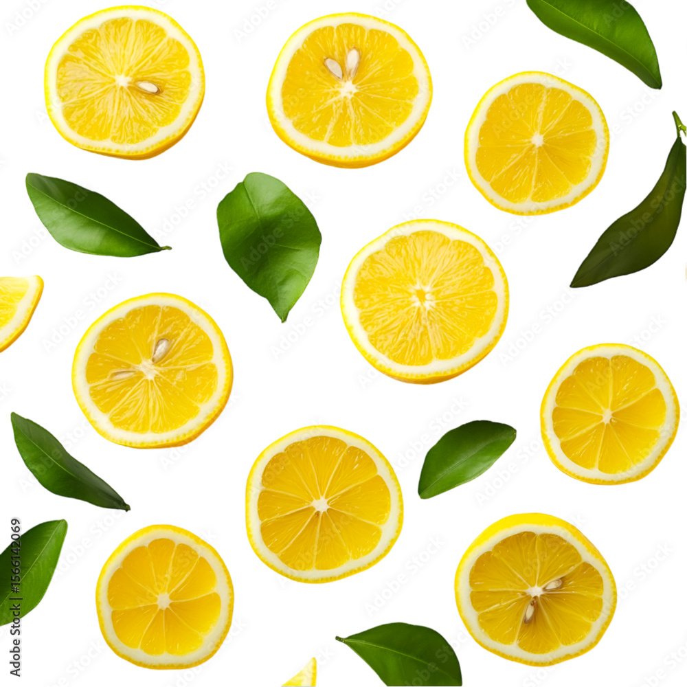 Fototapeta premium Vibrant lemon slices and fresh green leaves create a captivating pattern against a black backdrop, evoking a sense of freshness, transparent background