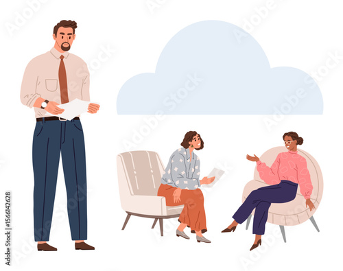 Team members exchanging ideas with papers and notebooks in a casual office discussion. Ideal for teamwork, collaboration, brainstorming, communication, creativity, productivity, remote work. Simple