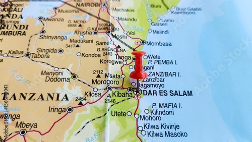 View of Dar es Salaam, Largest city in Tanzania, and capital of Dar es Salaam Region, on a geographical map of Africa, marked with red push pin