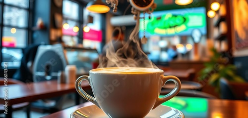 Steaming hot coffee, heart foam art, NYC coffee shop,  drink photography,  urban