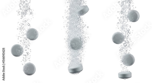 Effervescent tablets dissolving in water with bubbles isolated PNG with Transparent Background