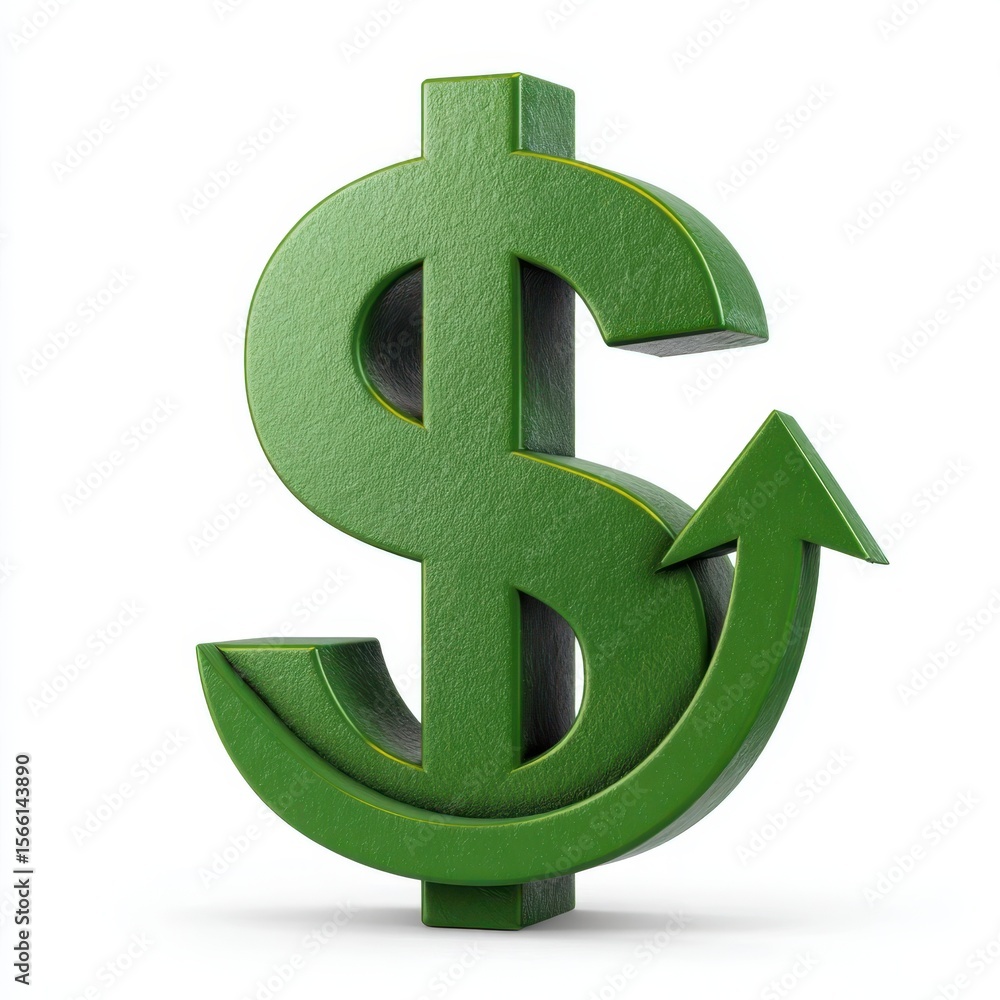 Fototapeta premium Green dollar sign with upward arrow symbolizing financial growth isolated on white background