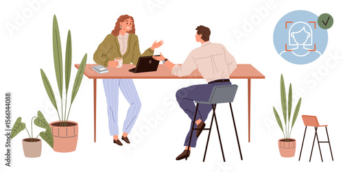 Two colleagues discuss work at a table with a laptop, coffee mugs, and plants nearby. Ideal for teamwork, coworking, collaboration, digital security, tech discussions, professional talks simple flat