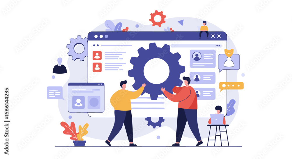 Teamwork in digital collaboration technology vector illustration for web design Teamwork in digital collaboration technology vector illustration for web design