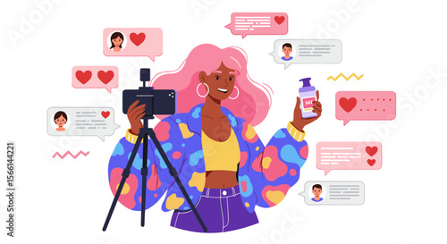 Influencer marketing vector illustration: social media engagement for product promotion, flat style design for content creators