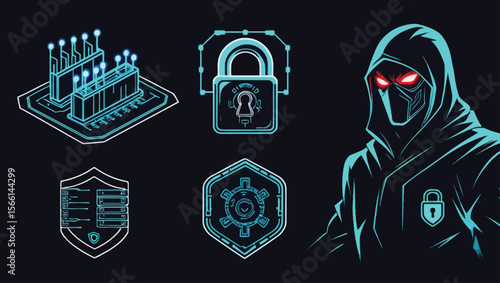 Cybersecurity Hacker with Glowing Red Eyes and Security Icons on Dark Background