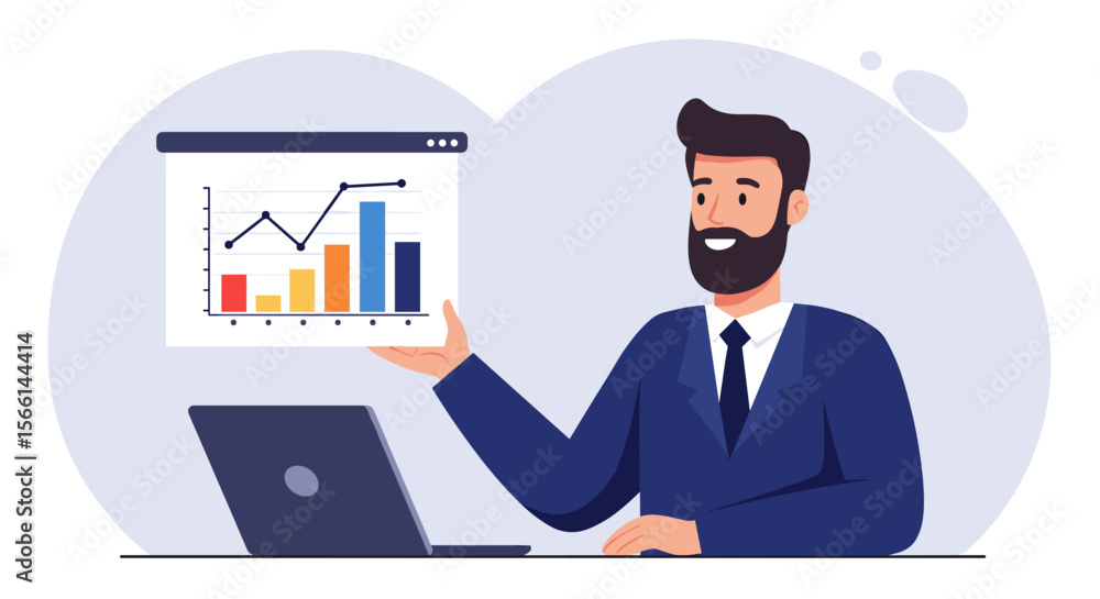Business analytics presentation concept with businessman in flat vector illustration style Business analytics presentation concept with businessman in flat vector illustration style