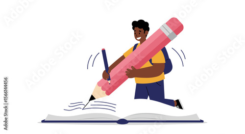Creative writing concept vector illustration with giant pencil and book for educational design