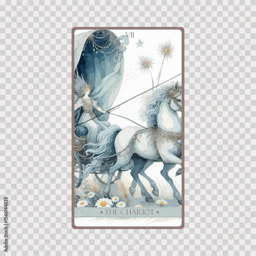 A watercolor Tarot card 'The Chariot'.Tarot card colorful deck. Major arcana set part . Occult and alchemy symbolism.
