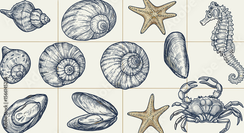 Hand drawn seashells and marine life vector illustration for coastal design