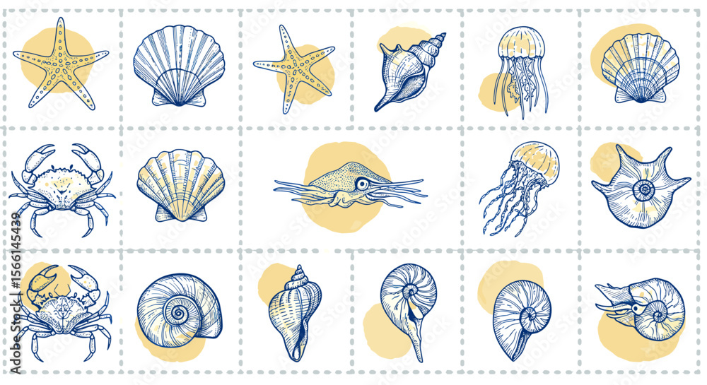 Obraz premium Nautical marine life vector illustration with seashells, starfish, and crabs in hand drawn style for design projects