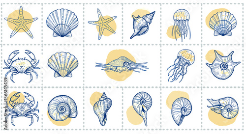 Nautical marine life vector illustration with seashells, starfish, and crabs in hand drawn style for design projects