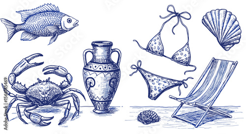 Nautical and beach elements vector illustration in hand drawn style for summer design