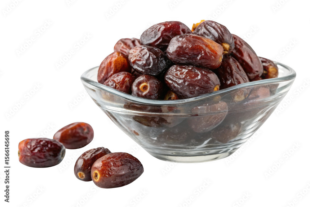 Fresh medjool dates piled in a glass bowl isolated on transparent background Fresh medjool dates piled in a glass bowl isolated on transparent background