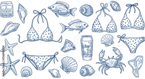 Beach and summer elements vector illustration in hand drawn style for design projects