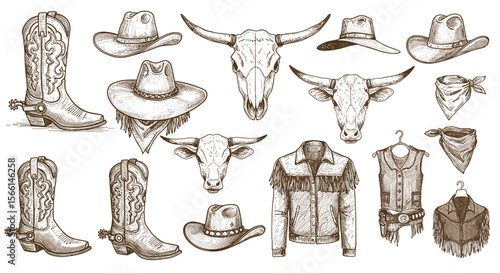 Western cowboy apparel and accessories vector illustration with vintage style for design and print