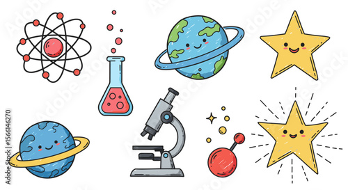 Cute science elements and space objects vector illustration for educational design